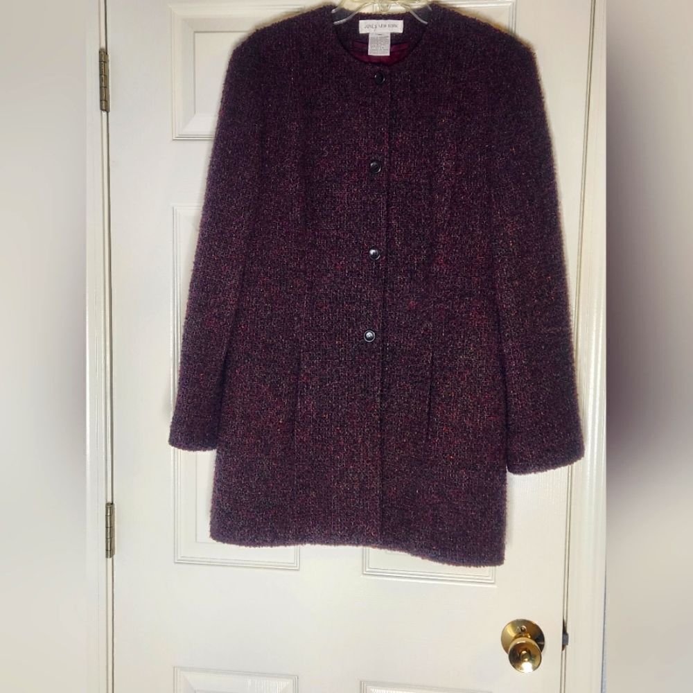 Jones New York 12 Burgundy Tweed WOOL Blend Pockets Lined Women's Jacket Coat